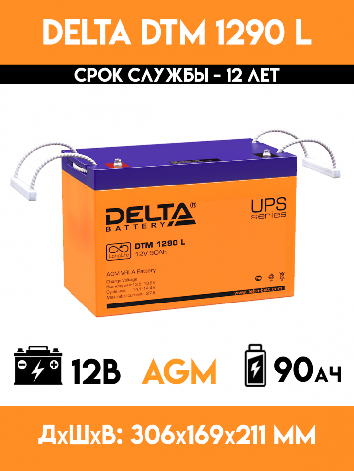 Аккумулятор для ИБП - DELTA DTM 1290 L (12 вольт-90 ампер)