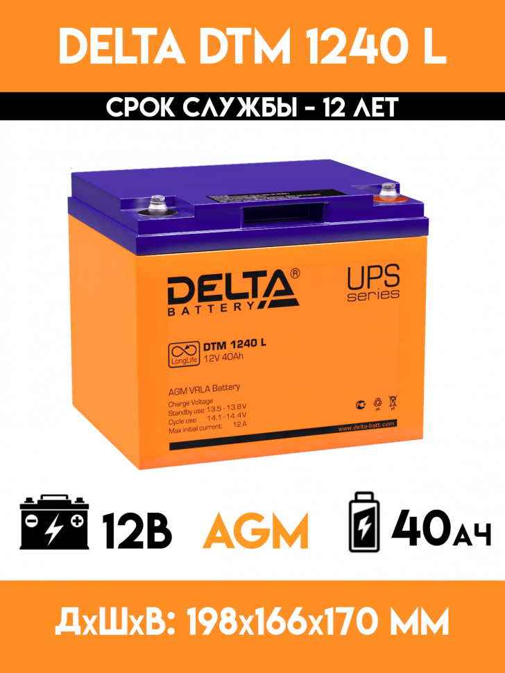 Аккумулятор для ИБП - DELTA DTM 1240 L (12 вольт-40 ампер)
