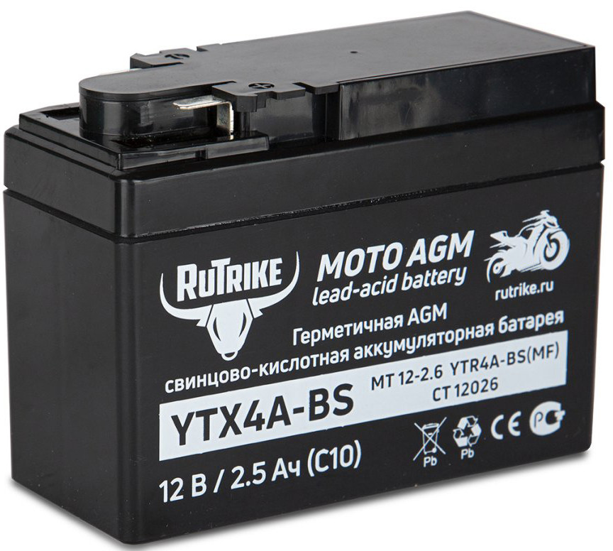 Аккумулятор стартерный мото Rutrike YTX4A-BS - (12V/2,5Ah) (YTR4A-BS, CT 12026, MT 12-2.6)