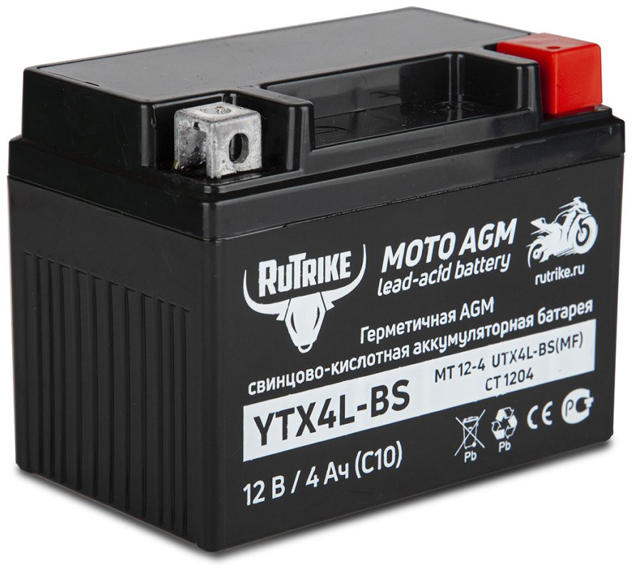Аккумулятор стартерный мото Rutrike YTX4L-BS (12V/4Ah) (UTX4L-BS, CT 1204, MT 12-4)
