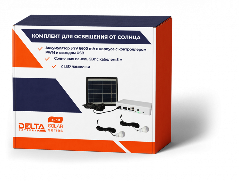 Портативный комплект освещения от солнечной панели с двумя лампочками и накопителем 6600 мАч - DELTA Tourist Camper 2